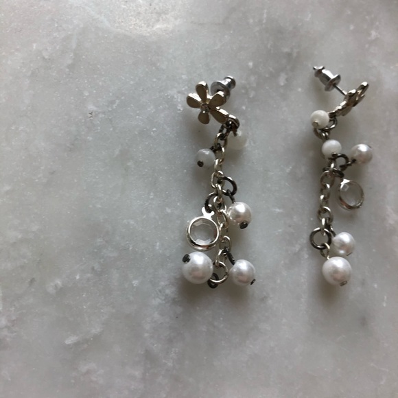 Flower Pearl and Diamond Dangling Earrings - Picture 2 of 5